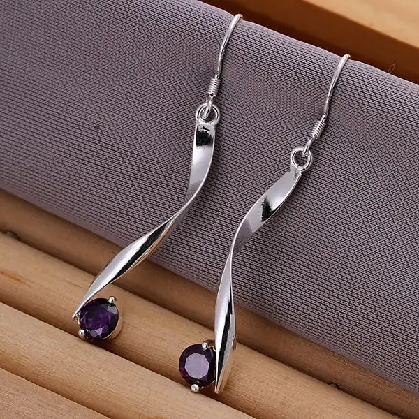 

925 Jewelry Silver Plated Wholesale Free Shipping Earrings for women Twisted Purple Stone Earrings /ahbaiyia ahaaiyha LQ-E186