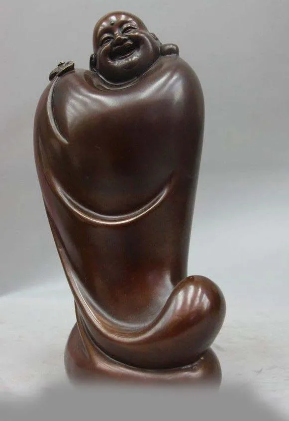 

China Buddhism Red Copper Bronze Feng Shui Fu Bat Happy Maitreya Buddha Statue