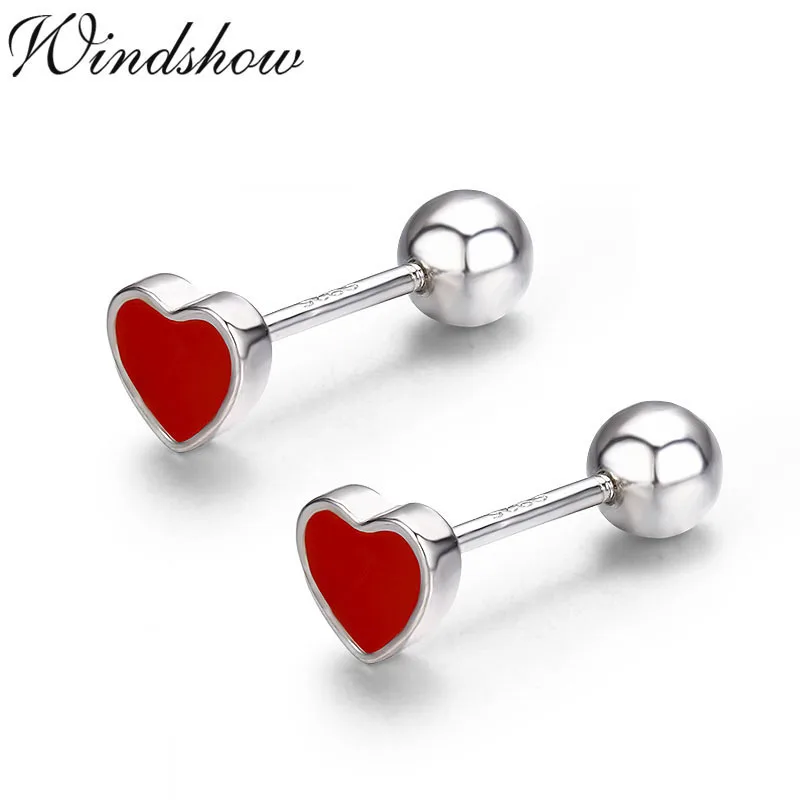 Милое маленькое красное Персиковое сердце из стерлингового серебра 925 пробы, серьги-гвоздики для женщин и девочек, детские ювелирные изделия Orecchini Aros Aretes