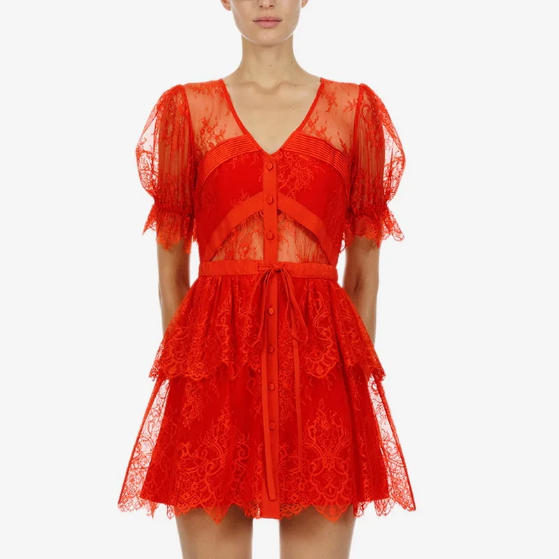 

Summer Womens Dresses Runway Designers Puff Sleeve V Neck Mesh Ruffles Mesh Lace Dress Female Korean Fashion Red Party Vestidos