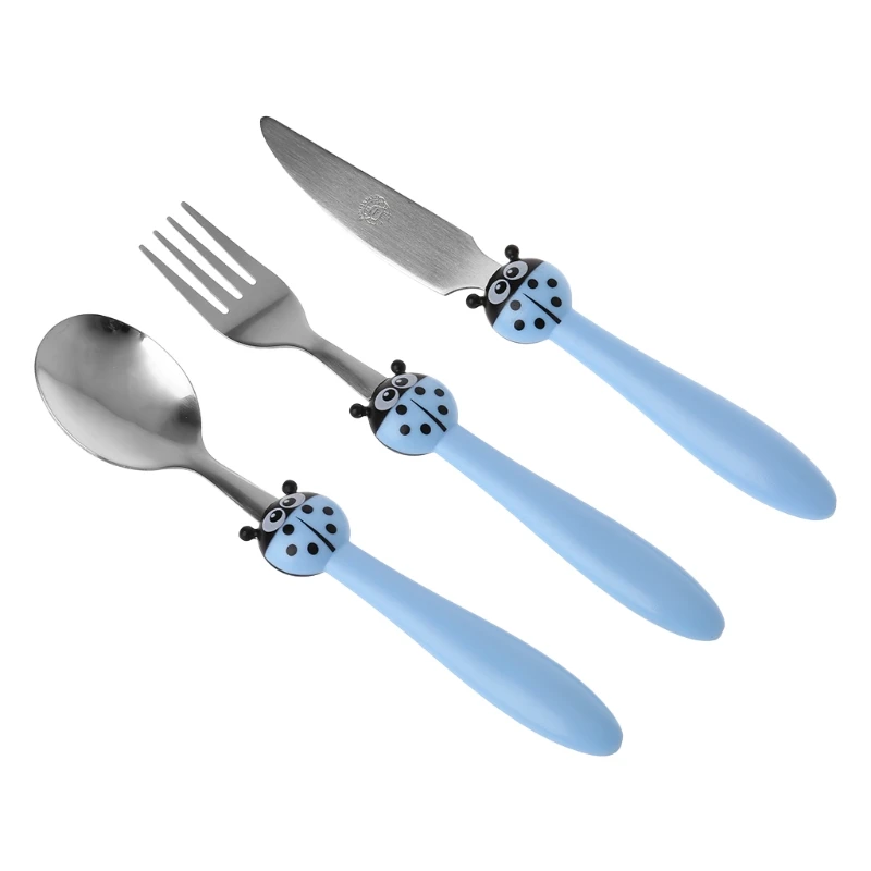 

3pcs/Set 4 Colors Kids Tableware Children Feeding Spoon Fork Knife Cartoon Stainless Steel Green Blue Red Yellow