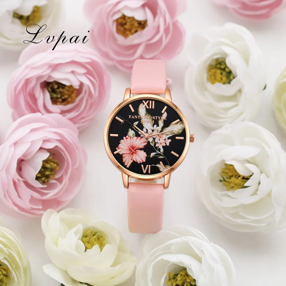 Lvpai Brand Women Bracelet Watch Fashion Rose Gold Flowers Leather Simple Women Dress Watches Luxury Business Clock Watch