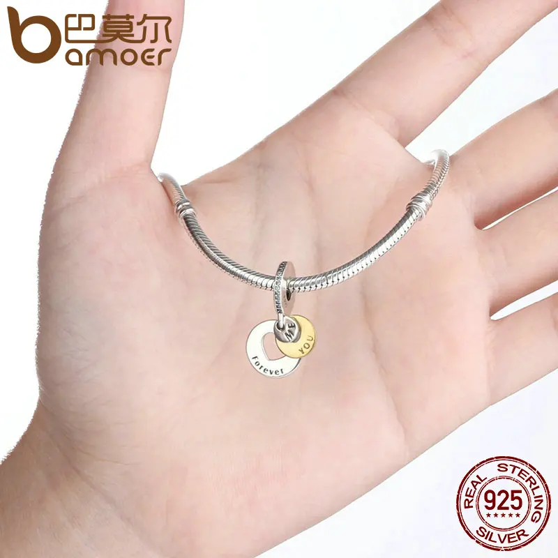 BAMOER Romantic Gift 925 Sterling Silver You & Me Forever, Clear CZ Round Pendant Charms fit Bracelet DIY Jewelry PSC017