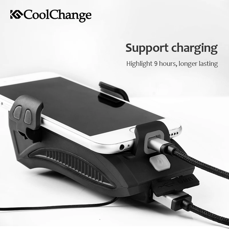CoolChange Bike Light USB Rechargeable Flashlight Phone Holder Bicycle Highlight 2000/4000mAh Power Bank Cycling Horn Led Light