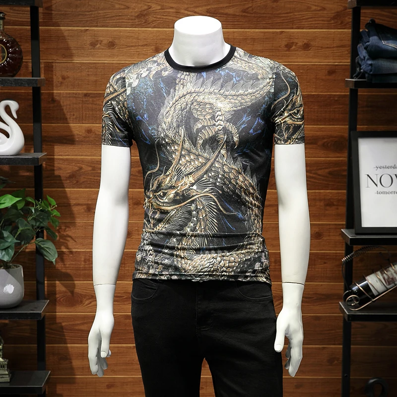 

3025 207 p30 China wind dragon printing ice silk short sleeve MEN T-shirt the production run quantity for a long time M-7XL
