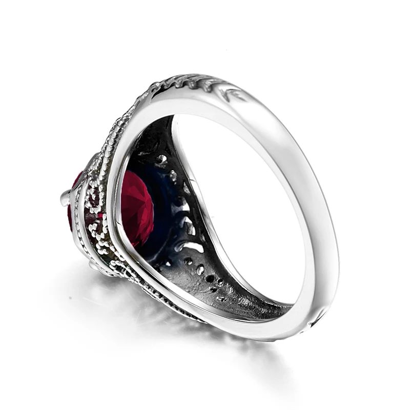 Szjinao Classic Prong Engraved Garnet Ring Flower Vine Leaf Design Solid 100% 925 Sterling Silver Women's Rings Fine Accessories