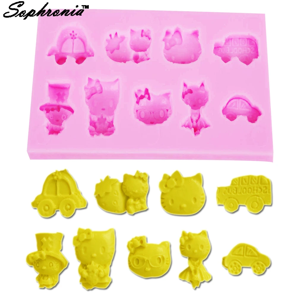 10PCS/SET F1241 Cute Cat and Cars Silicone Cake Mold Decorating DIY Sugarcraft Chocolate Candy Clay Moulds14.3 * 7.4 1.4cm | Дом и сад