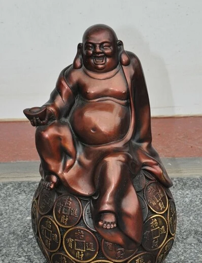 

005587 11" chinese bronze wealth money coin yuanbao happy laugh Maitreya Buddha statue