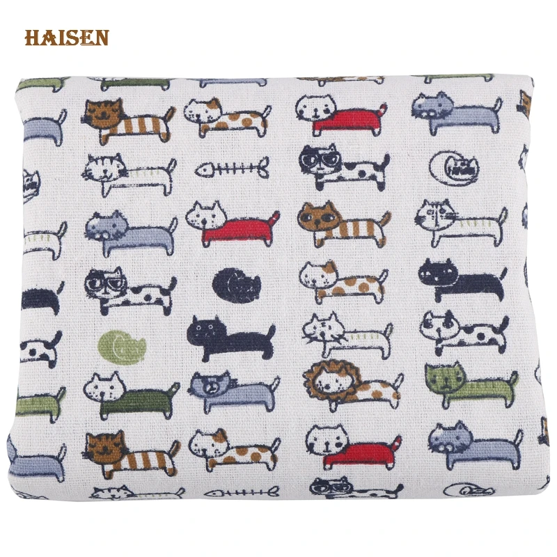 Haisen 50x150 см хлопковая льняная ткань с принтом кота из мультфильма для