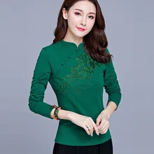 Осень Весна Повседневная Женская воротник Мандарин длинный рукав вышивка Красная Зеленая Черная футболка Топы, женские тонкие 4xl хлопковые футболки