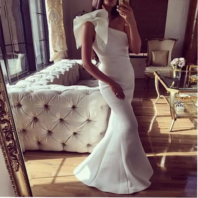 

Evening Dress New Arrival Women Arabic Evening Gowns Mermaid Style One Shoulder Satin Floor Length Long White Evening Dress