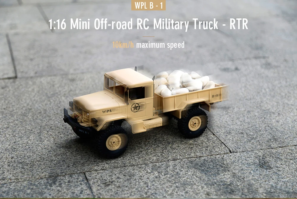 WPL B - 1 1:16 Mini Off-road RC Military Truck RTR Four-wheel Drive / Metal Suspension Beam / Bright LED Light