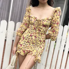 Летнее платье, винтажное богемное пляжное желтое платье с цветочным рисунком, женские шифоновые вечерние платья бодикон, корейское элегантное сексуальное платье с оборками