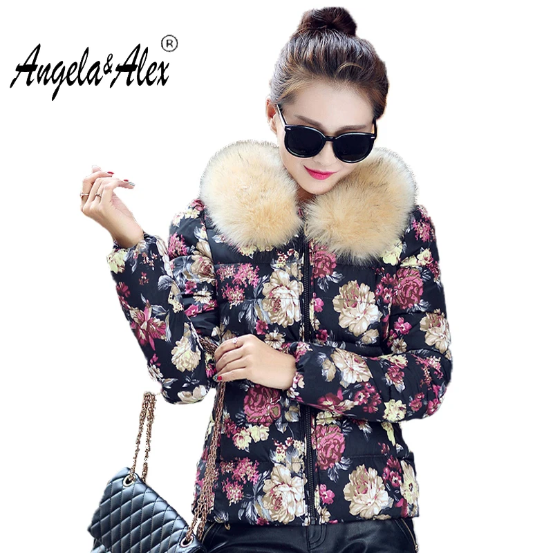 

2017 Winter Cotton Coat New Fashion Women Elegant Printing Jacket Thick Warm Detachable Fur collar jacket Large size Women coat