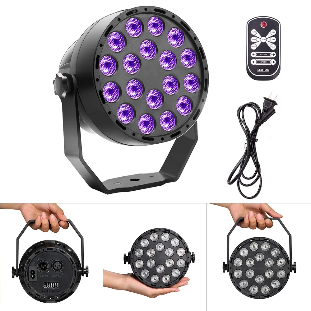 Aimkeeg 18 LED الأشعة فوق البنفسجية تأثيرات الإضاءة المهنية ضوء المرحلة ديسكو DJ العارض آلة حزب مع اللاسلكية التحكم عن بعد