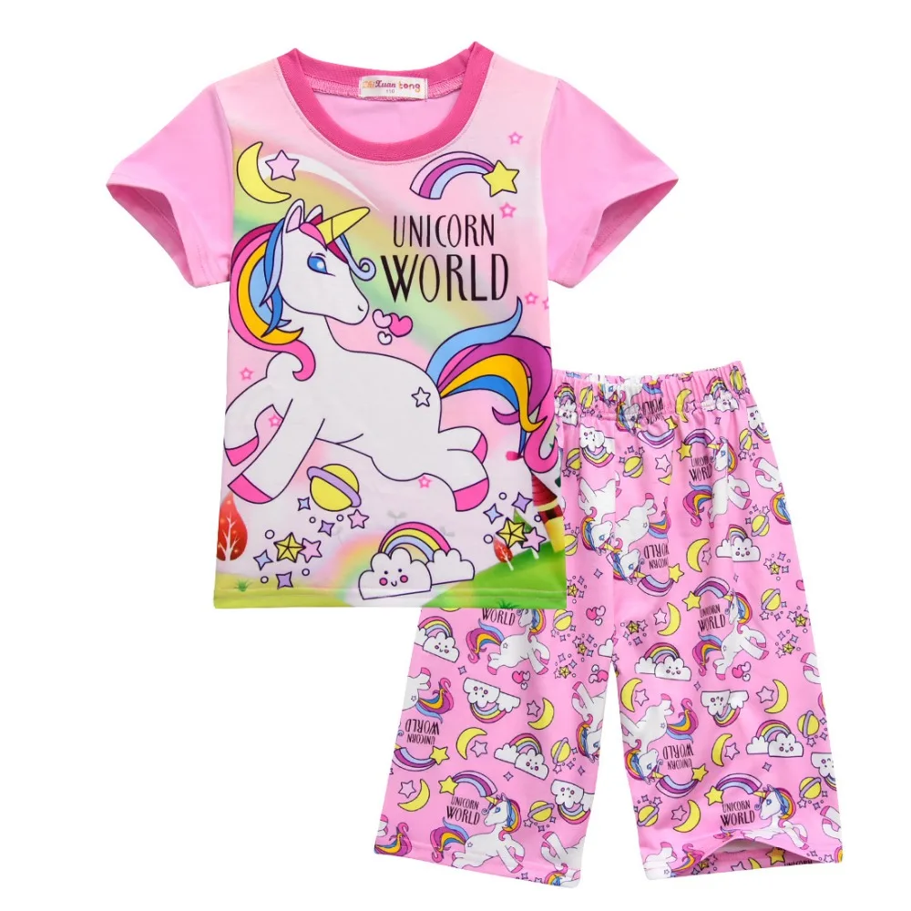 

Girls Pink Unicorn Clothing Set T shirt + Pants 2pcs 2018 Kid Cartoon Tops Tee Short Pants Pajamas Sets Children Summer Pyjamas
