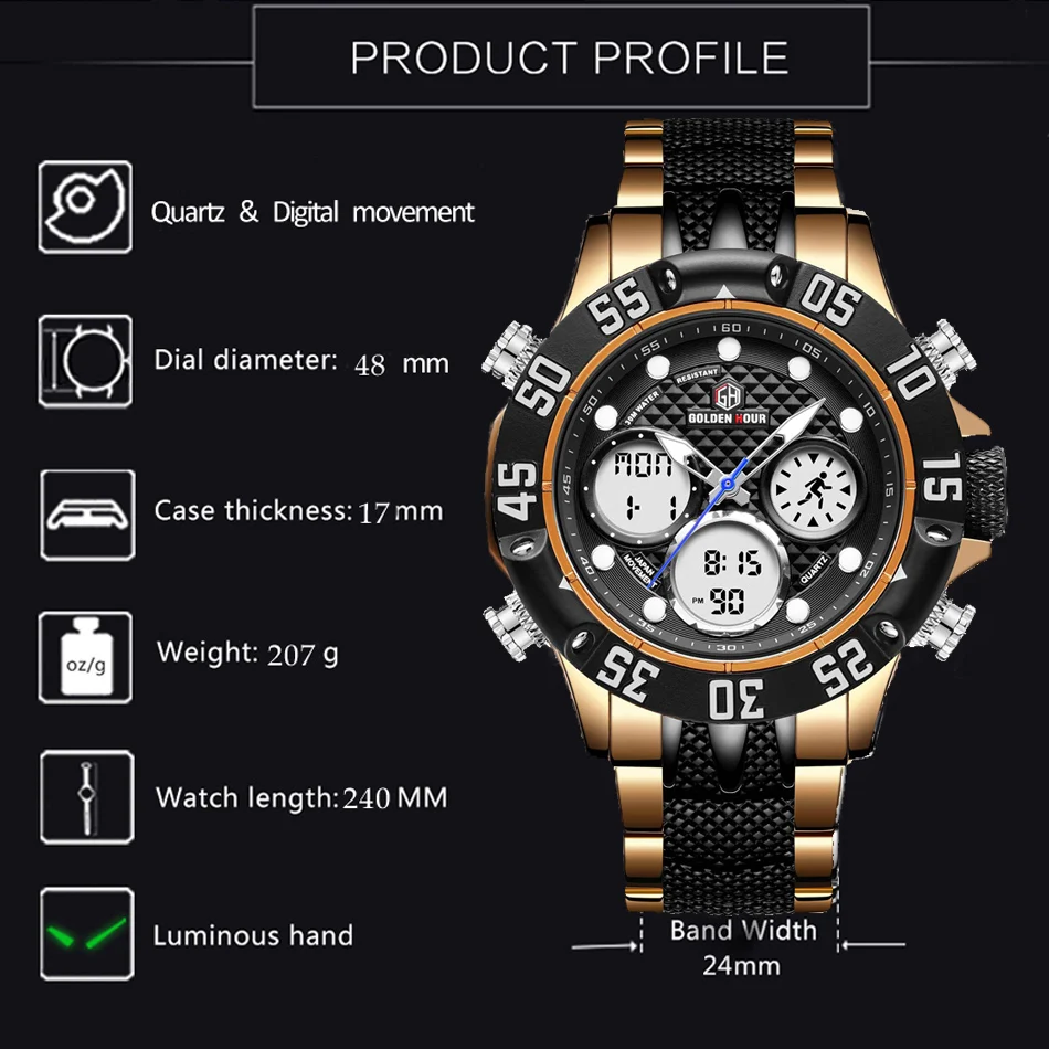 GOLDENHOUR Männer Militär Sport Uhr Männer LED Analog Digital Uhr Armee Edelstahl Quarz geschenk_voghion.com
