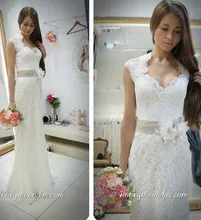 Free Shipping Popular Top Quality Mermaid V Neck Sleeveless Sweep Train Spanish Lace Wedding Dress Bridal Gown With Sash MF385