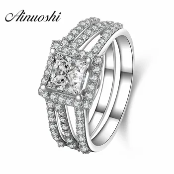 

AINUOSHI 1 Carat Simulated Princess Cut Silver Ring 925 Sterling Silver Luxury Engagement Wedding Bridal Ring Set Women Jewelry