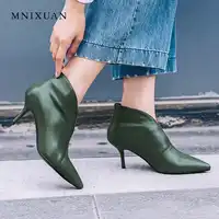 MNIXUAN ยี่ห้อรองเท้าผู้หญิงข้อเท้ารองเท้าหนังแท้ 2018 ฤดูใบไม้ร่วงเซ็กซี่ pointed toe V - neckline โรมรองเท้าส้นสูงสีดำสีเขียว