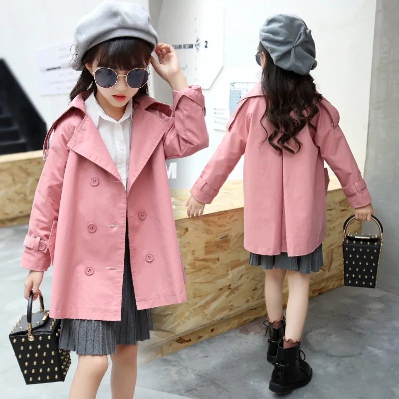 British Style Girls Cotton Coat Pink Casual Kids Trench Coat Double