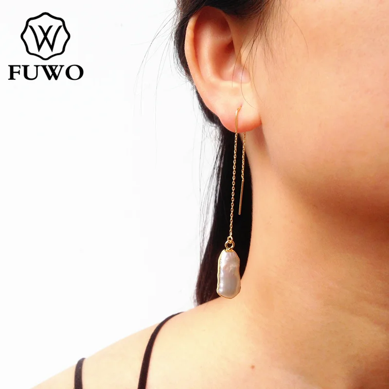 

FUWO Fashion Irregular Freshwater Pearl Earrings With 24K Gold Filled Raw Baroque Pearl Threader Earring Jewelry Wholesale ER523