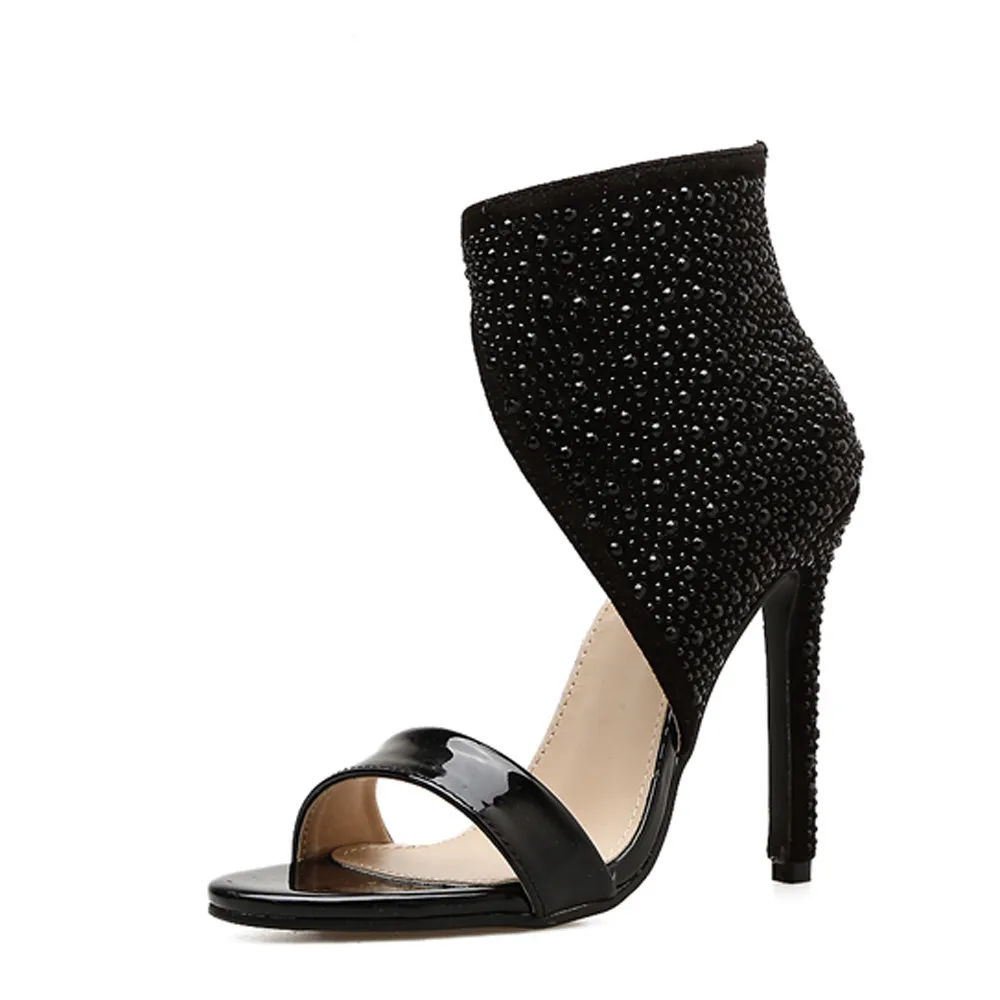 

Open Toe Rhinestone Design High Heel Sandals Crystal New Short Boots Sexy Diamond Gladiator Women Sandals Black Size 35-40