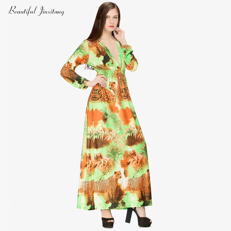 

Bohemia Silk Women Dresses Large Size Summer Long Deep V-Neck Dress Animal Floral Print Long Sleeve Dresses For Women 998