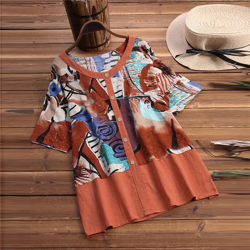 New Women Fashion Summer Vintage O-Neck Art Printing Casual Daily Half Sleeve Button Cotton Top  Blouse Tops #4A25 (4)