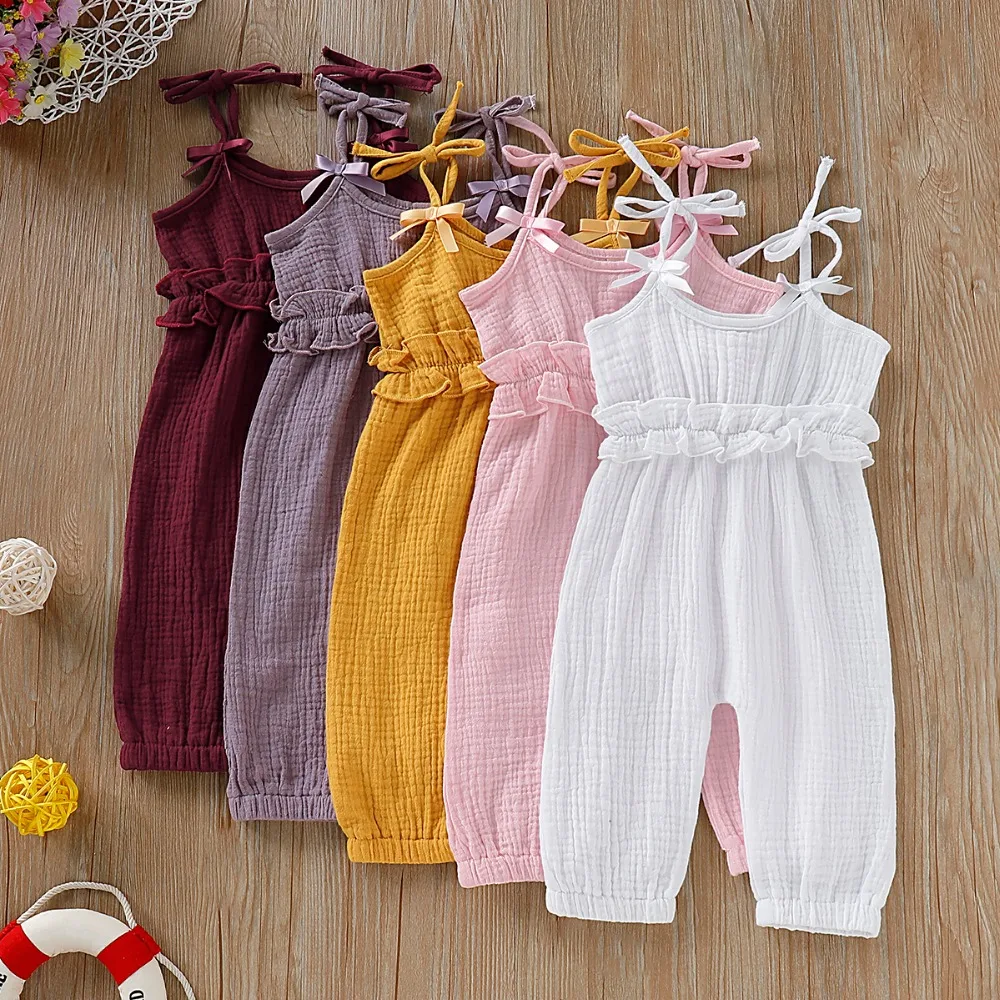 

Summer Infant Baby Girls Strap Romper Jumpsuit 0-24M Newborn Bebes Sleeveless Sunsuits Outfits Fashion Solid Color Kids Overalls