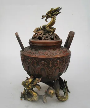 

Asian Antique Old Copper Gilt Style Hand Carved Big Dragon Censer/Home Decoration Chinese Qing/Ming Dynasty Incense Burner