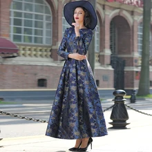 2018 S 3XL Elegant Gold Jacquard Women Long Maxi Dress Fall V neck Long Sleeve Muslim