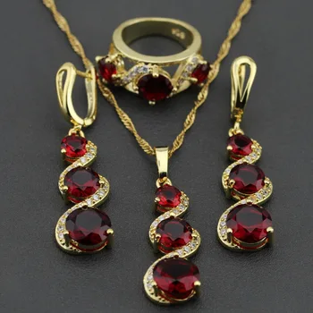 

Best Selling Red Rhodolite Bridal Jewelry Set Necklace Chain Pendant Long Drop Earring Ring Free Gift Box KZ13