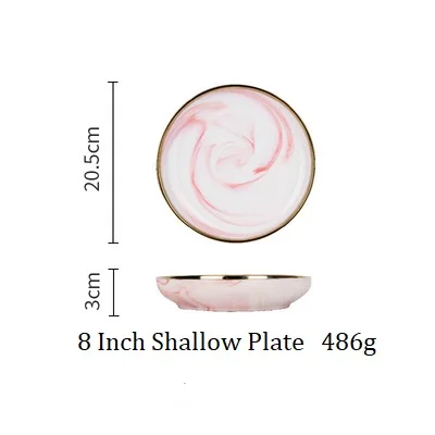 Скандинавском стиле керамическая розовая Золотая инкрустация мраморная посуда западное круглое блюдо миска для риса обеденная тарелка, столовая посуда - Цвет: 8 Inch Shallow Plate