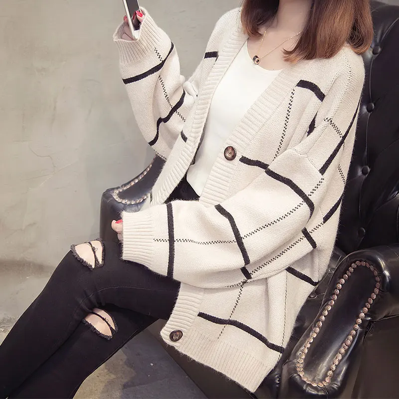 

2018 Women's Autumn Winter Coat Long Sleeve Striped Knit Cardigans Female Woman Sweaters