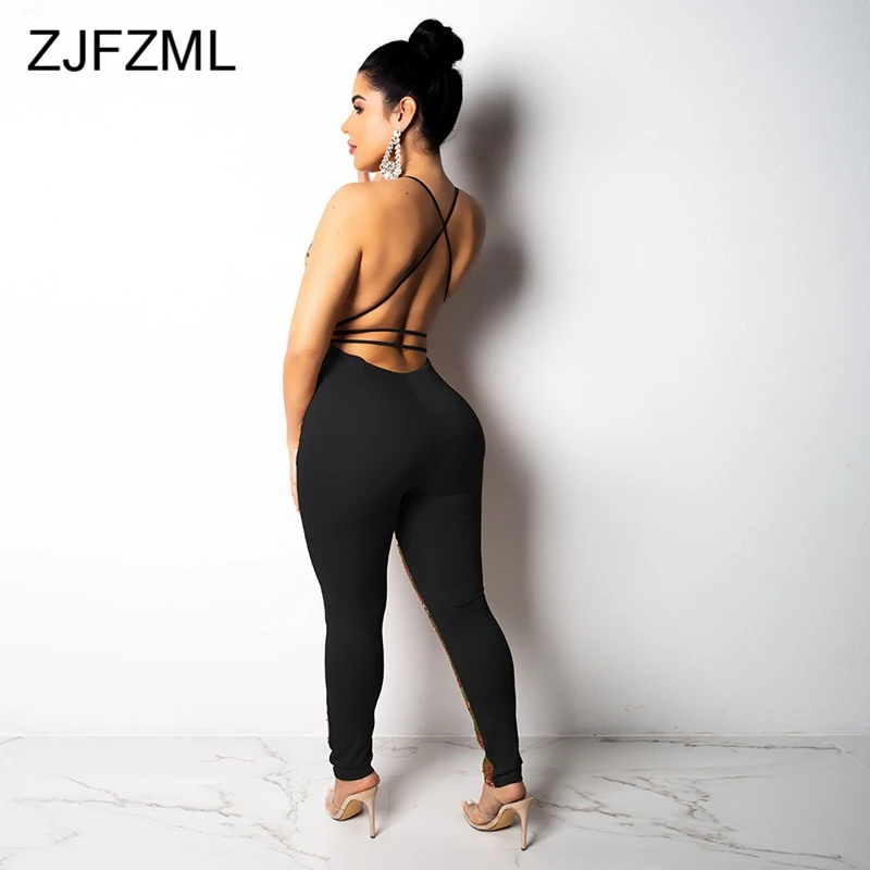 ZJFZML Sleeveless Deep V Neck Shiny Sequins Sexy Club Jumpsuits Autumn Backless Romper Women 2018 New Fashion Bodycon Overalls 