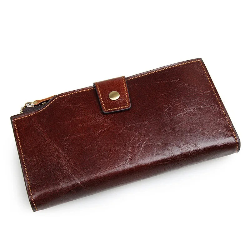 New Fashion Genuine Leather Oil Wax Cowhide Men Long Bifold Card Wallet