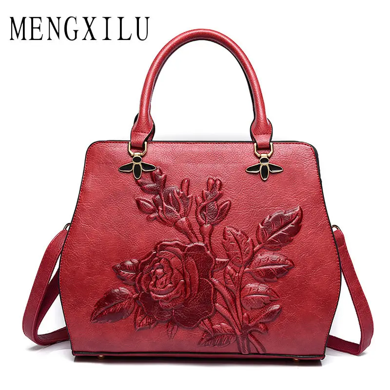 

MENGXILU Chinese Style Casual Tote Bags Handbags Women Famous Brand Designer High Quality pu Leather Flower Women Bag Ladies Sac