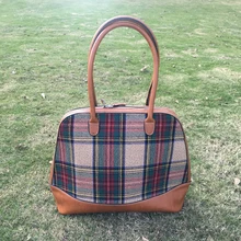 Wholesale Blanks DOMIL Plaid Canvas Tote Bag PU Vegan Leather Handle Women Handbag Patchwork Sanded Tartan Material DOM103399