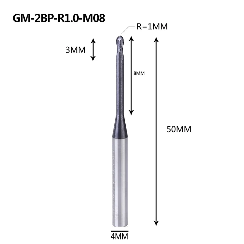 GM-2BP R1.0-R2.5 твердосплавная Концевая фреза 2 флейты с круглым носом и длинной шеей с коротким отрезным краем с покрытием фрезерный станок с ЧПУ режущие инструменты - Длина режущей кромки: GM-2BP-R1.0-M08