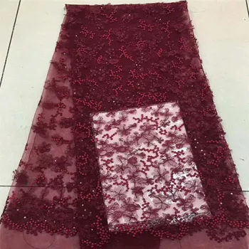 

French Dress 5 Yards Plain Wine African Embroidered Net Lace Sequin Fabric For Nigeria Wedding X559-1