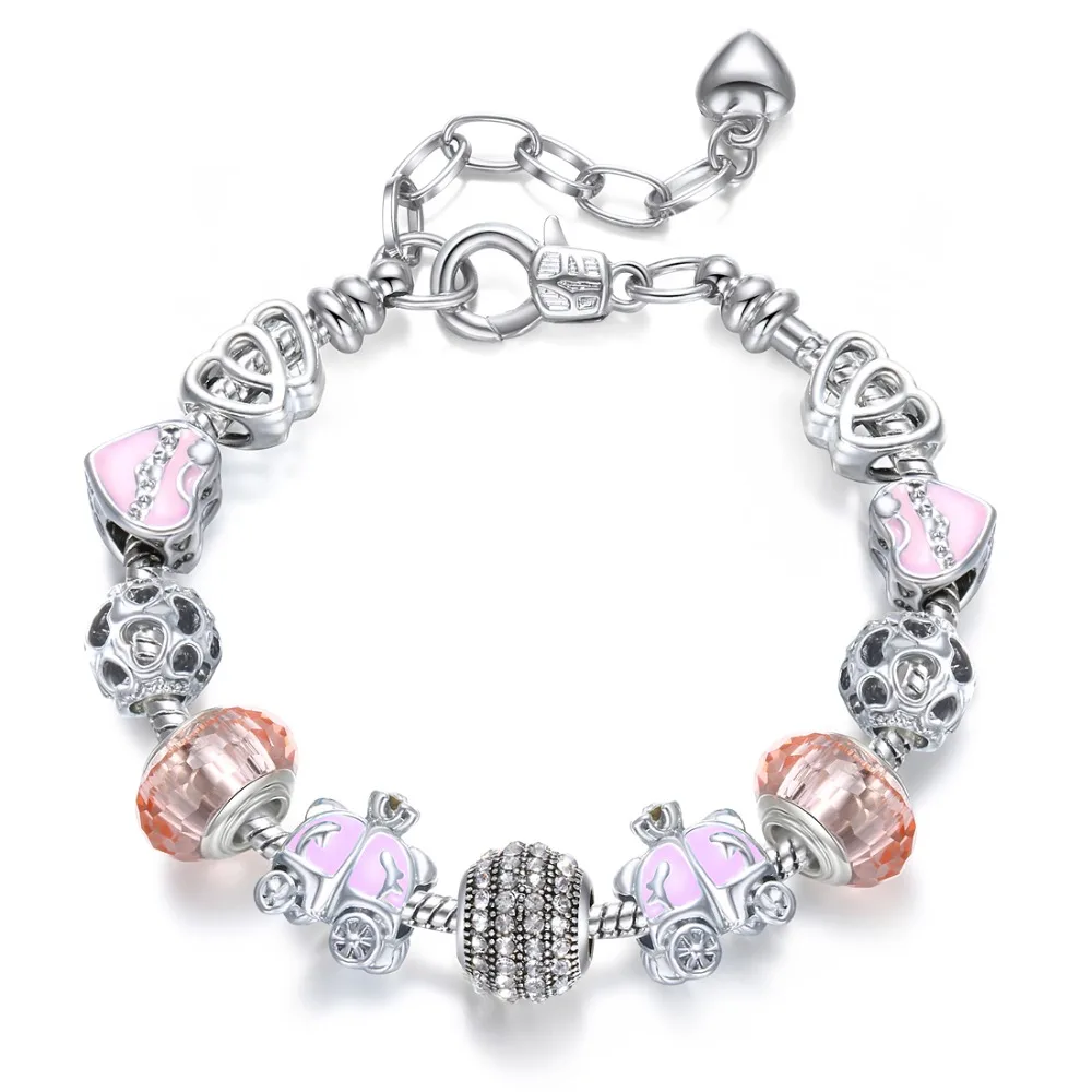 925 Making Silver Pink Crystal Charm Beads Bracelets For Women European