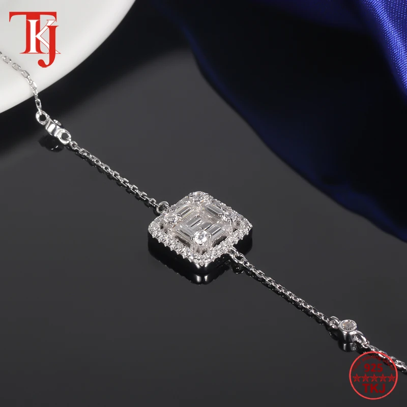 TKJ 925 стерлингового серебра багет CZ Циркон сверкающие браслеты для женщин Регулируемая цепь браслет ювелирное изделие