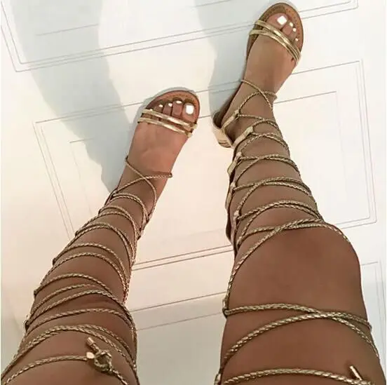 

Sandal For Women Fashion Sexy Golden Rope Bandage Leisure Flats Sandals Genuine Leather Lace-up Rome Shoes Woman Sandalia Slides