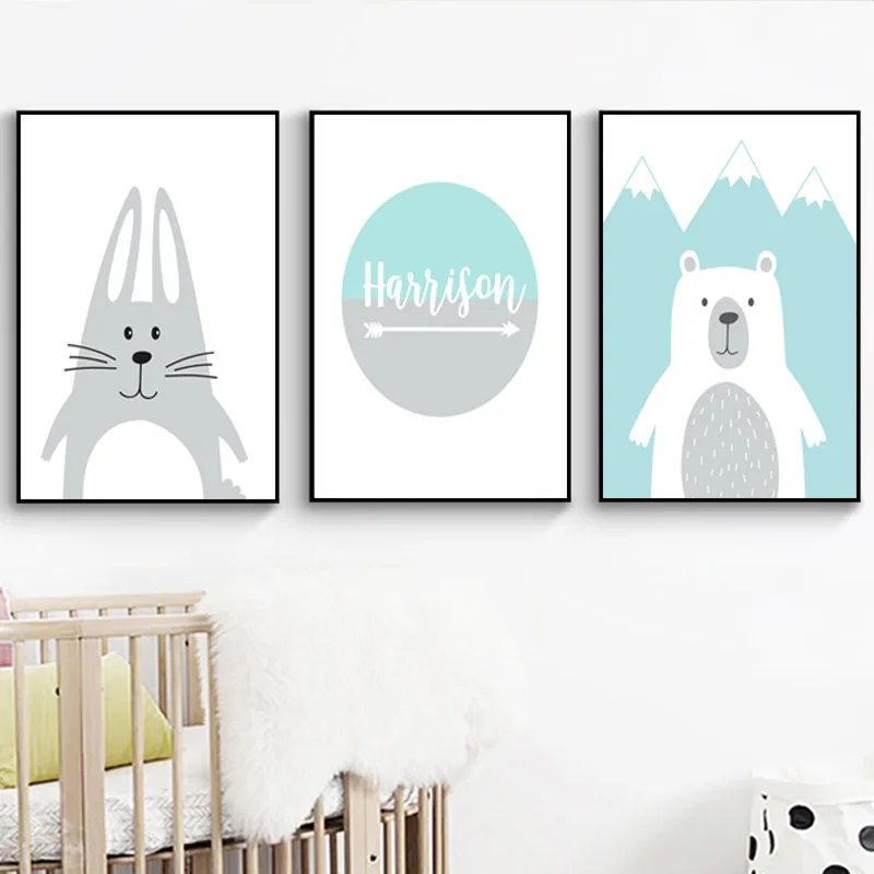 Custom Name Poster Cartoon Animal Baby Nursery Wall Art Canvas Painting NordicPrint Bear Rabbit Pictures Kids Room Decor|Рисование и