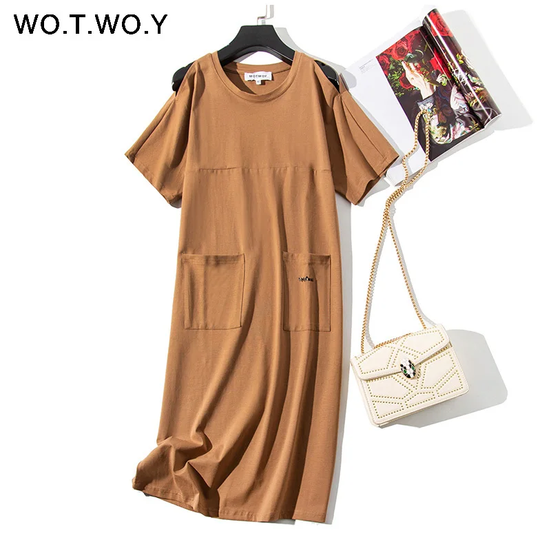 WOTWOY, длинное платье-футболка, женское летнее Хлопковое платье макси с круглым вырезом и открытыми плечами, Открытое платье с коротким рукавом, свободное женское красное платье
