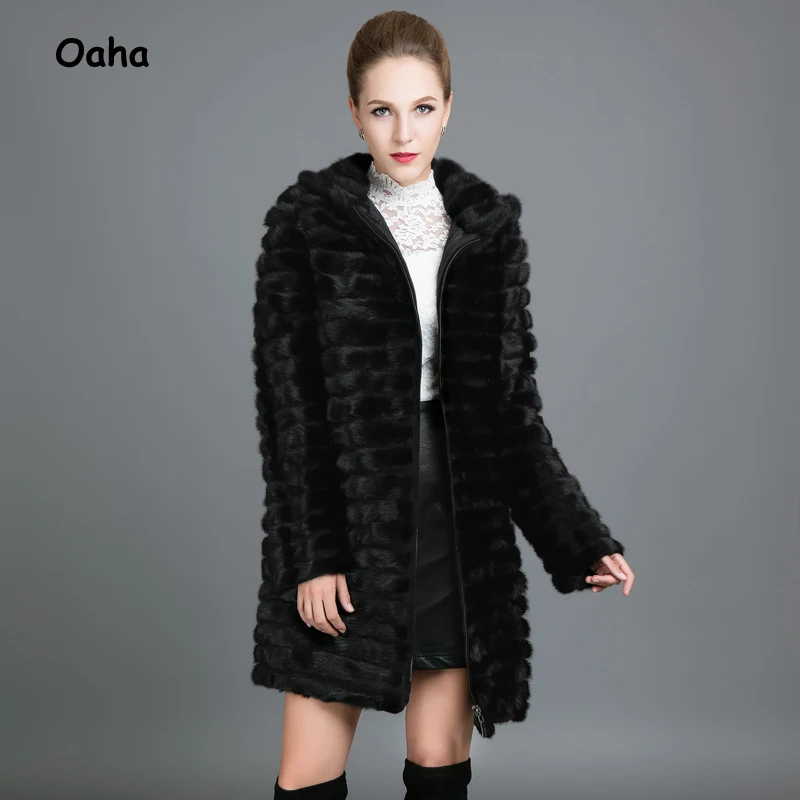 Rayé Oaha Fourrure Noir Avec La Top Femmes Vison Naturelle Taille De Cut Capot Amovible Manteau Fond D'hiver Qualité Survêtement Vestes Plus Vague 1w1rqZ0