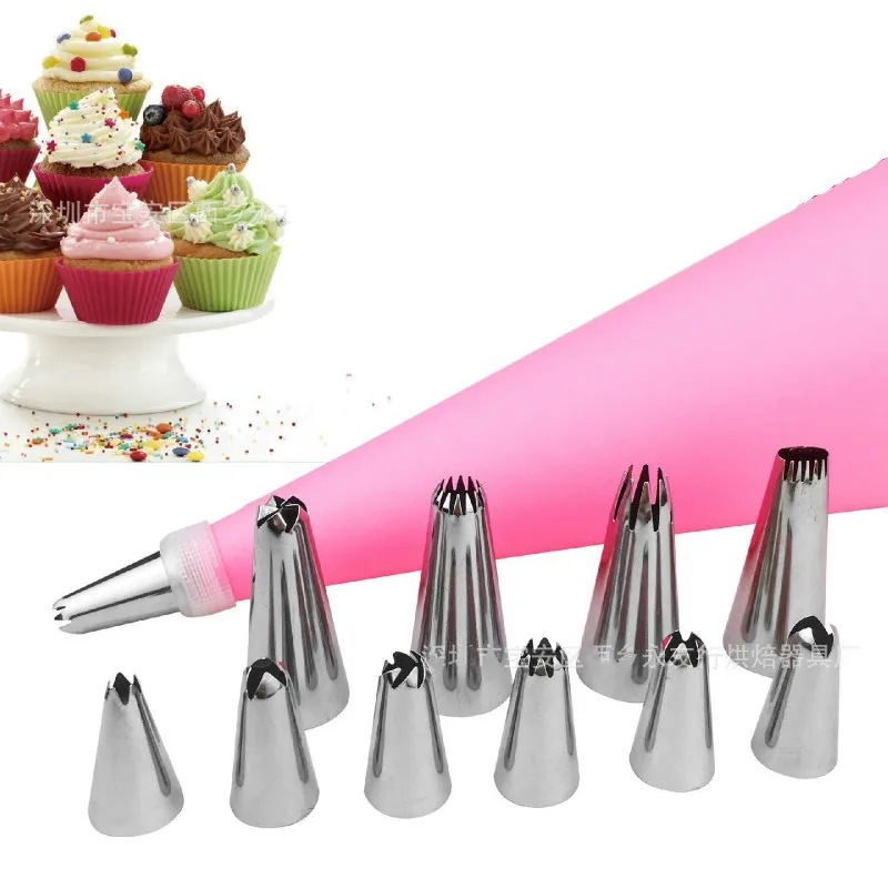 12pcs/set Reusable Piping Pastry Bag Stainless Steel S+L Nozzles Set