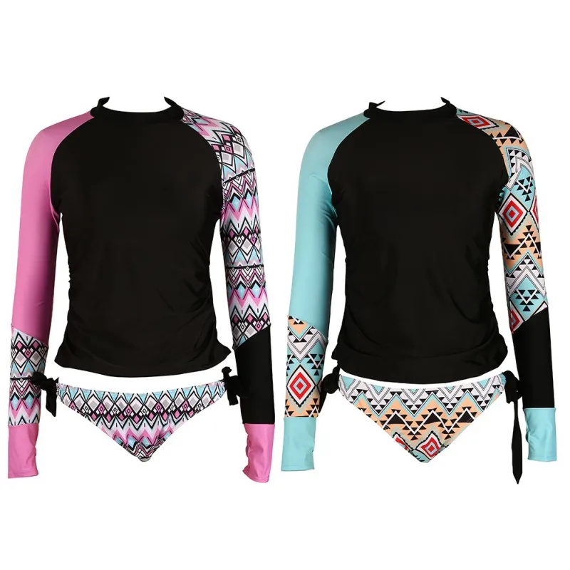 

Womens Long Sleeves Patchwork Two Piece Swimsuit Set Rashguard Aztec Print Side Ties Color Block Shirt Sexy Tankini Swimsuit Bat