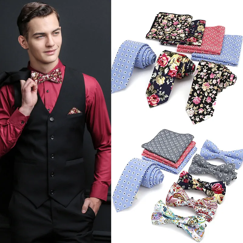  3 Pcs/Set Men NeckTie Set Bowtie Slim Necktie Skinny Narrow Tie Pocket Square Handkerchief Suit Set